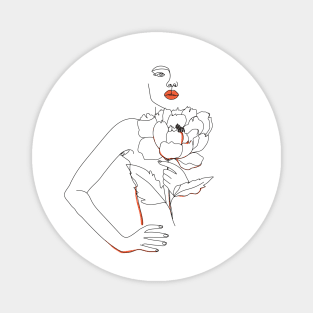 Minimal Woman line art. Abstract one line woman face with peony flower. Magnet